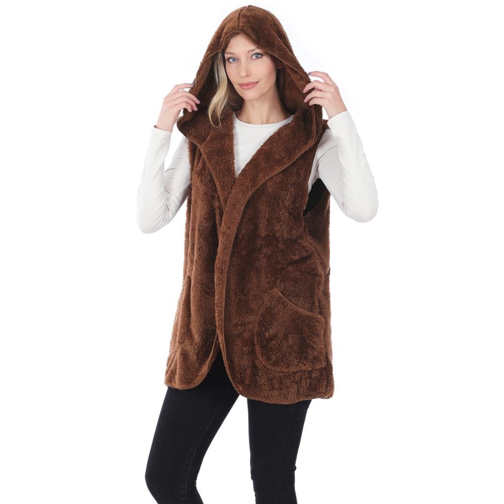 HOODED FAUX FUR COCOON VEST WITH SIDE POCKETS